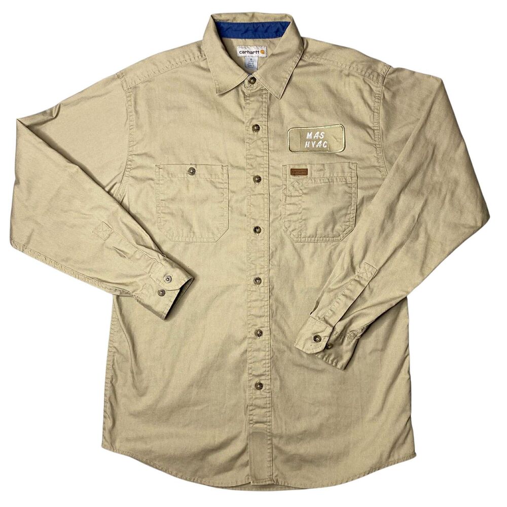 Carhartt Ripstop Logo Beige Tan Button Up Utility Pocket Work Shirt Size Med